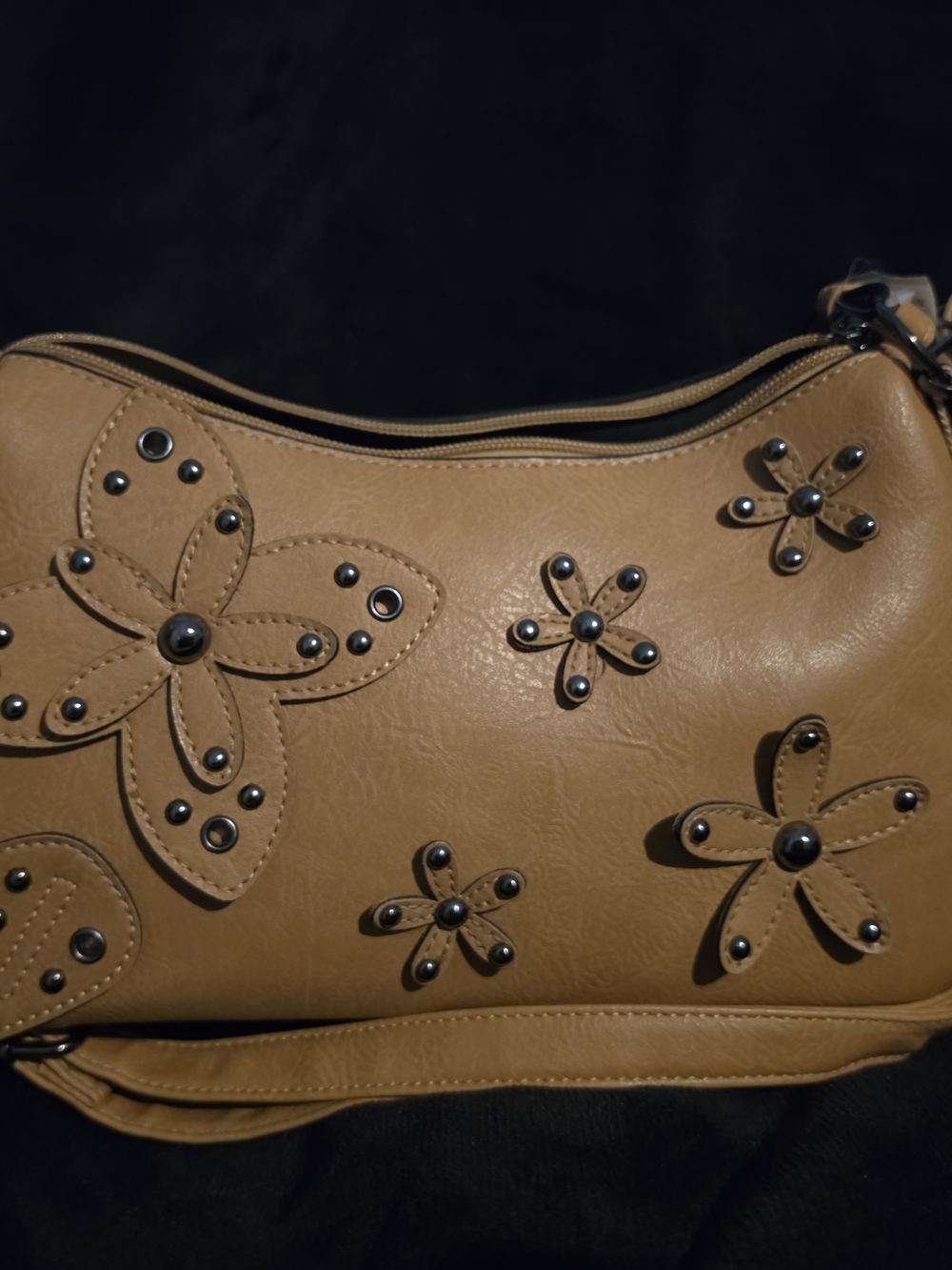 Tan Floral Appliqué Studded Shoulder Bag